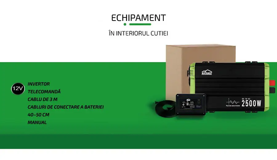 invertor 12-220 2500W - echipament: invertor, telecomandă, cablu de 3 m, cabluri de conectare a bateriei 40–50 cm, manual